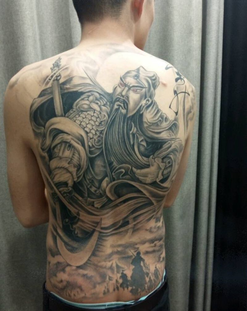 满背关公纹身图片_背部传统人物成品纹身图案