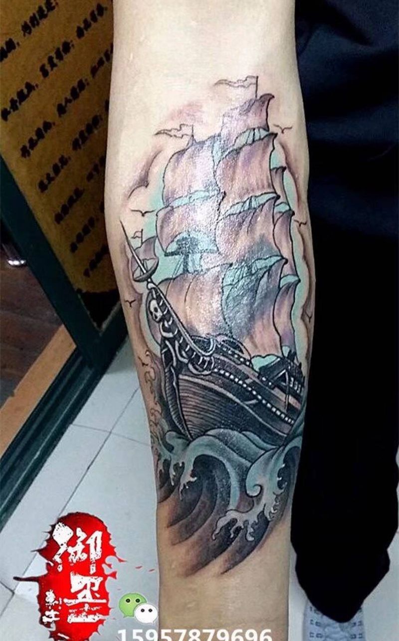 帆船纹身纹身图片_静物国画传统手臂成品纹身图案