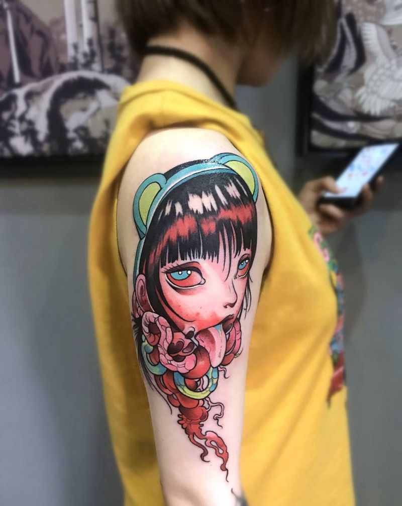 大臂New school 女孩纹身图片_插画成品手臂肩部欧美肖像习俗鬼神宗教人物纹身图案