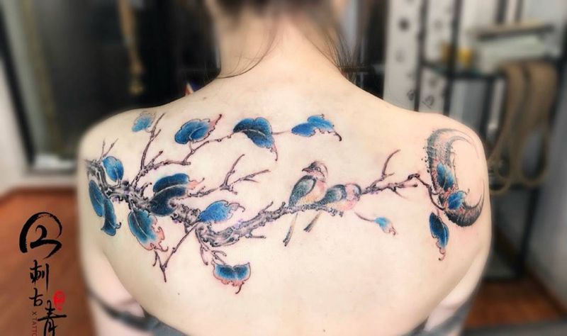 作画一幅纹身图片_原创传统动物背部花臂女神国画纹身图案