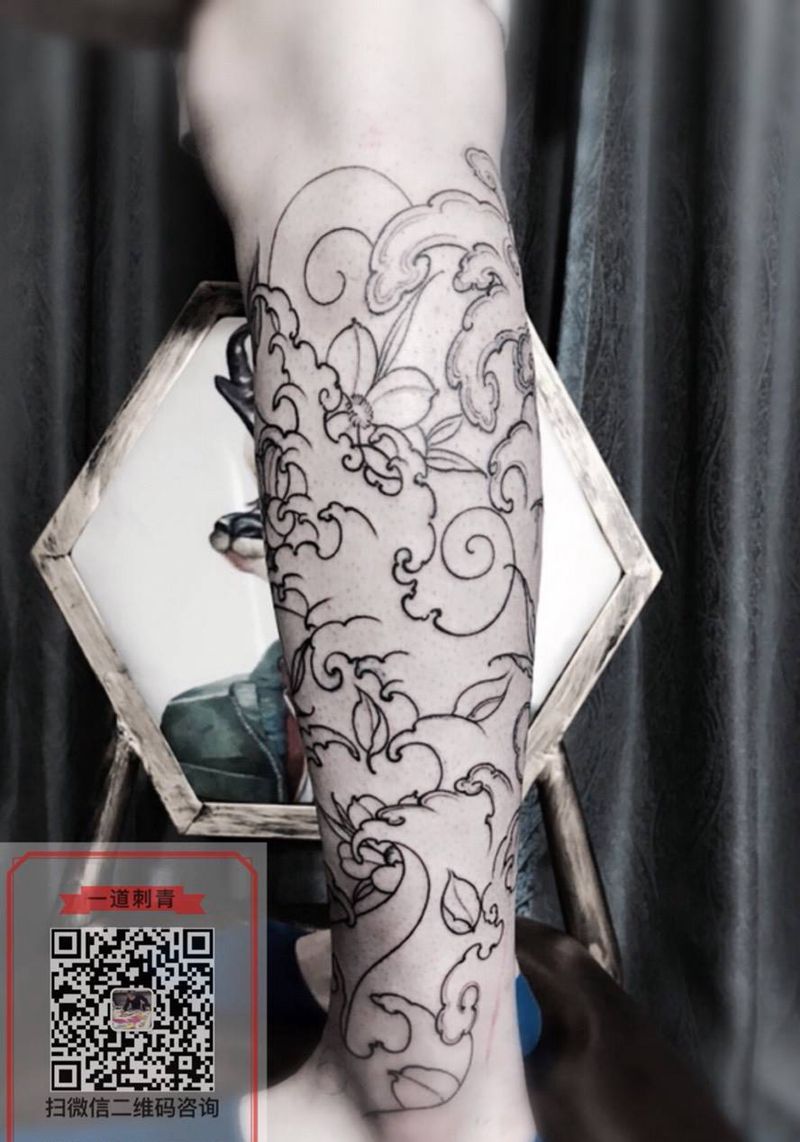 浪花包小腿未完待续……纹身图片_原创腿部传统纹身图案