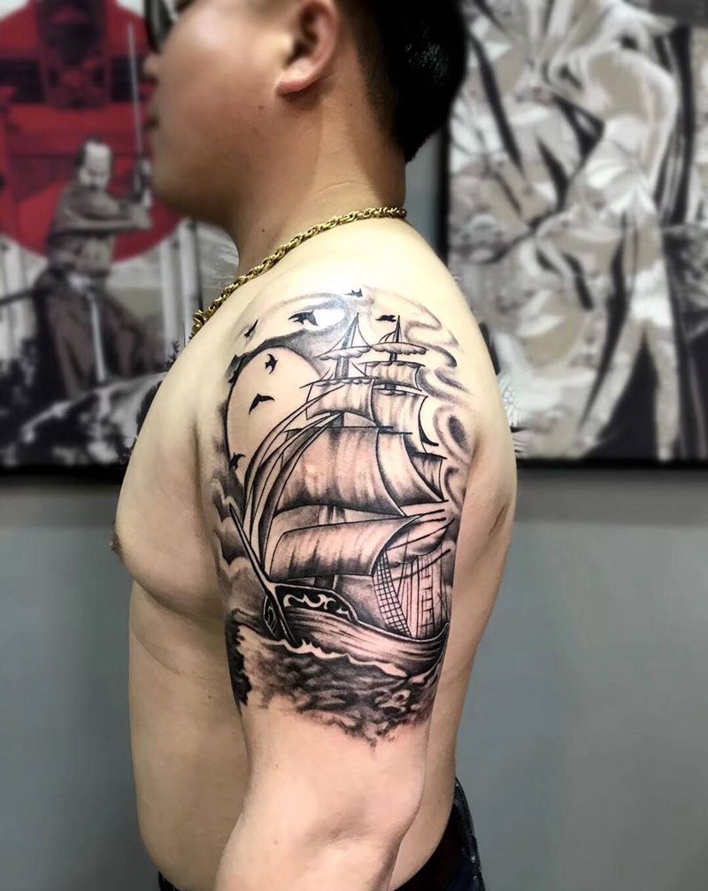 大臂欧美帆船⛵纹身图片_成品插画肩部手臂欧美写实贴纸静物宗教人物纹身图案