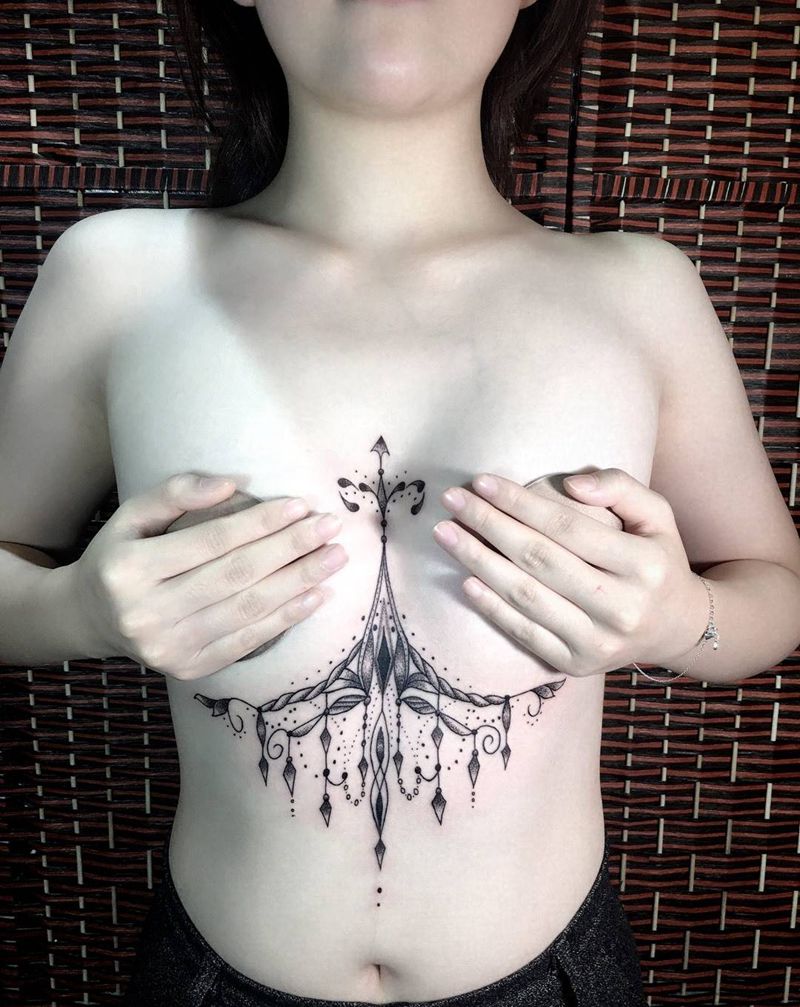美女胸部蕾丝纹身纹身图片_成品手稿胸部颈部欧美写实清新几何人物原创纹身图案