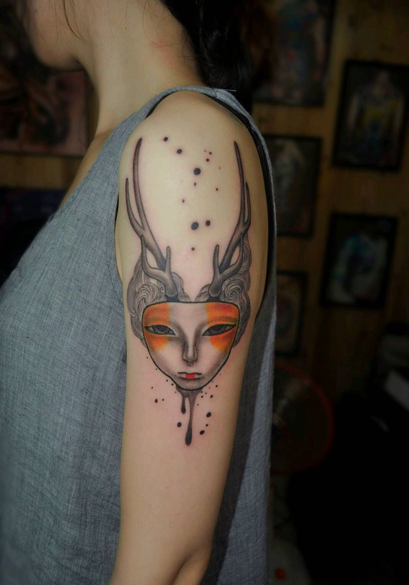 白羊座纹身大臂纹身图片_肩部手臂手部欧美肖像写实字符动物人物静物纹身图案