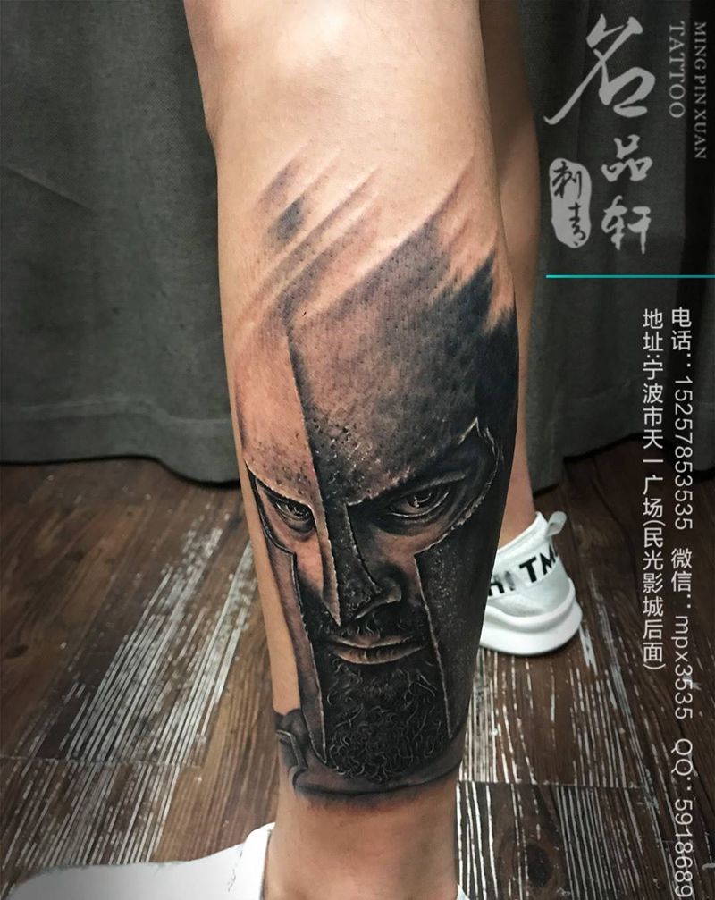 斯巴达肖像纹身纹身图片_成品手臂欧美肖像写实人物纹身图案