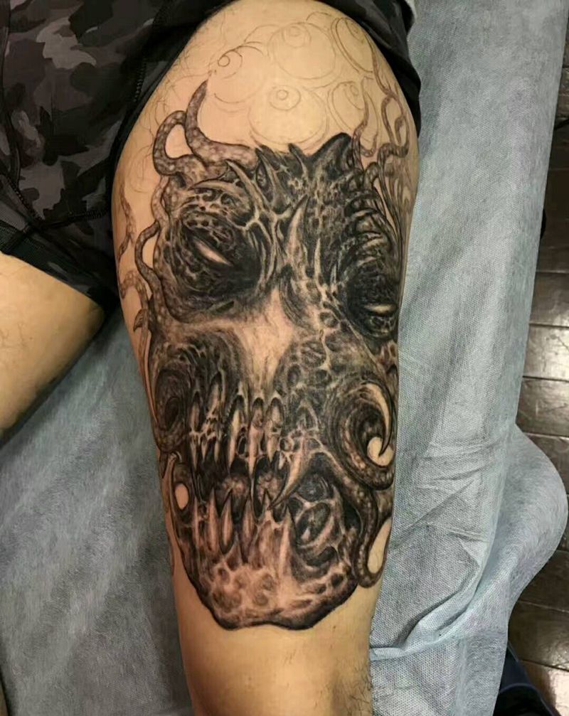 惊骇暗黑纹身图片_腿部纹身图案