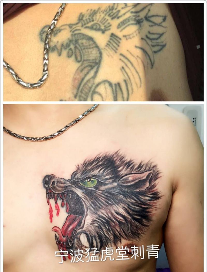 修改狼头纹身图片_传统手臂背部胸部成品动物纹身图案
