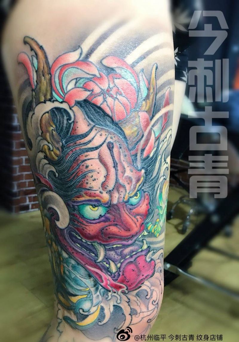 般若美滋滋纹身图片_成品腿部鬼神原创纹身图案