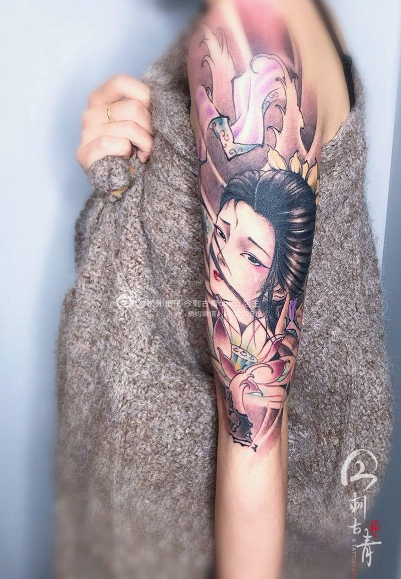 宝莲灯小作纹身图片_手臂新传统艺妓侄女仙女纹身图案