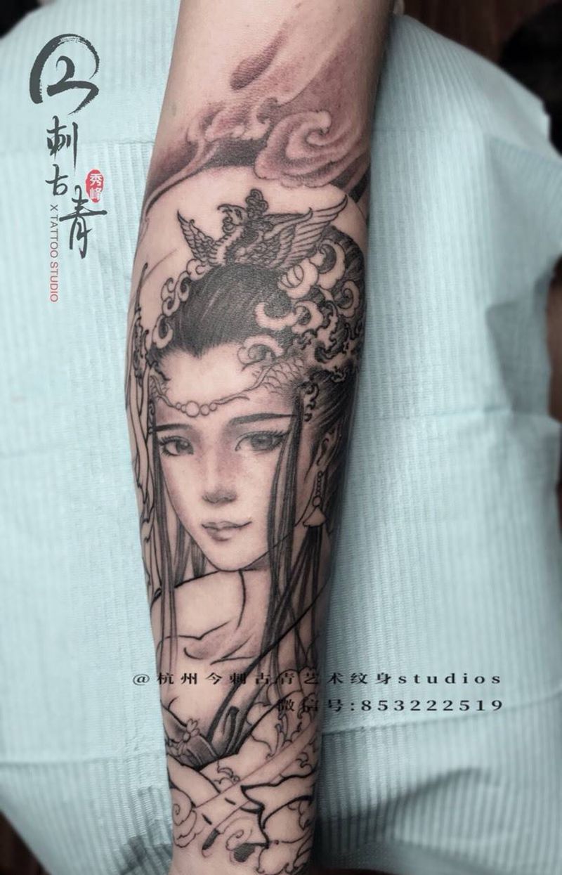 龙女～雨师妾纹身图片_美女艺妓花臂女神原创传统肖像欧美手臂人物纹身图案
