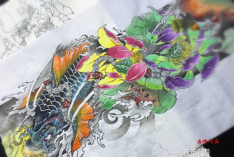 鲤鱼荷花纹身图片