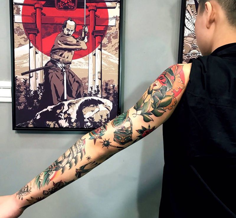 Old school 花臂纹身图片_成品手稿插画手部手臂欧美清新写实原创静物纹身图案