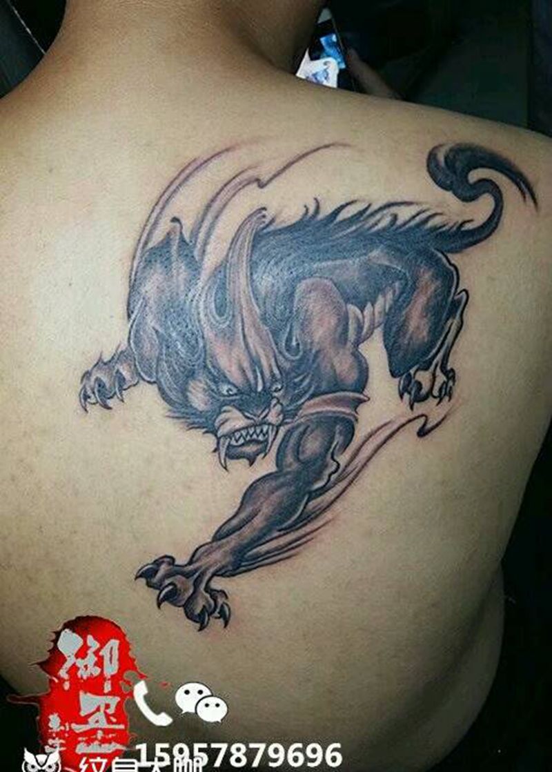 穷奇纹身图片_背部传统动物成品纹身图案