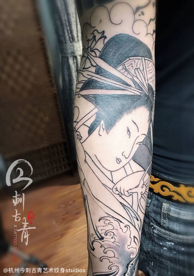 传统艺妓纹身图片_传统美女艺妓原创手臂纹身图案