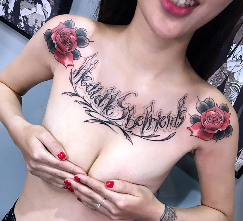 美女花胸纹身纹身图片_成品肩部胸部手稿欧美写实清新静物原创纹身图案