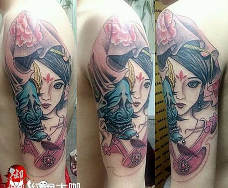 大臂艺妓纹身纹身图片_手臂传统人物成品纹身图案