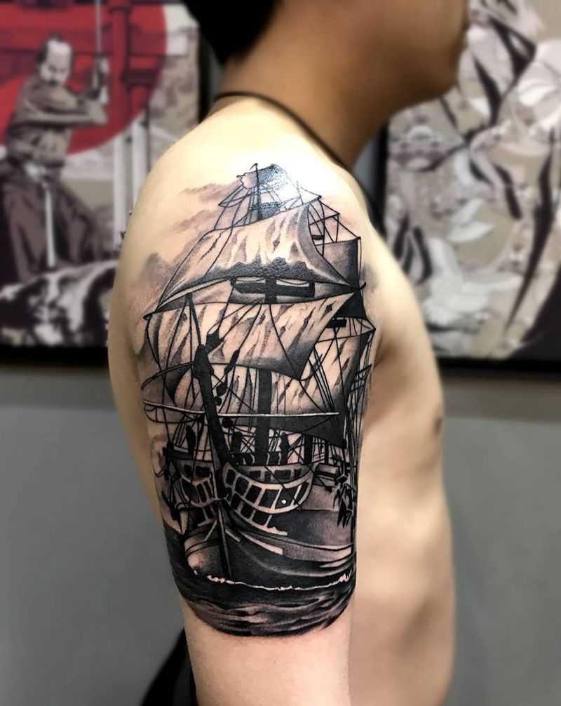 大臂欧美帆船纹身图片_成品插画肩部手臂欧美写实几何宗教静物贴纸纹身图案