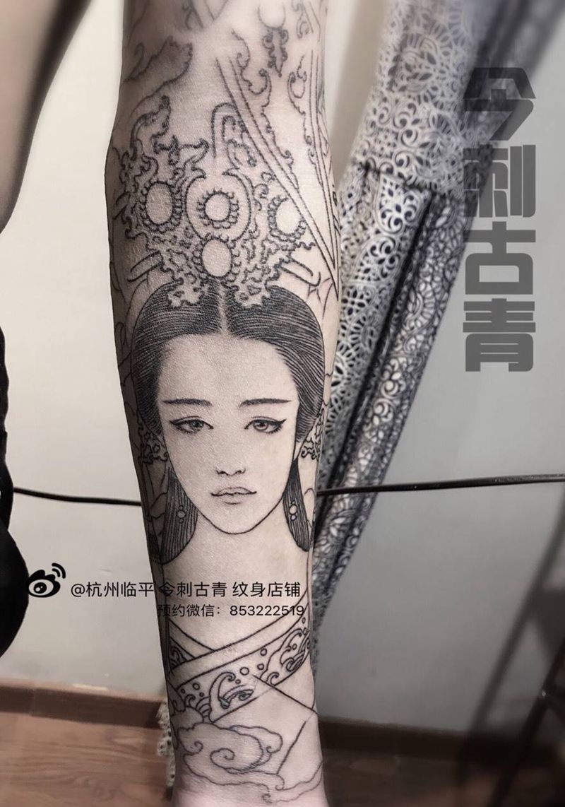 《貂蝉》纹身图片_人物写实传统肖像原创花臂女神美女艺妓手臂纹身图案