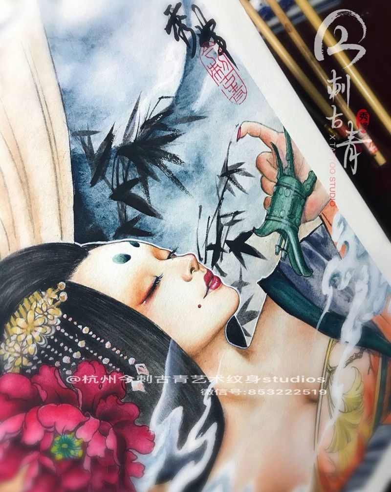 贵妃纹身图片_手稿手臂背部原创美女艺妓花臂女神纹身图案