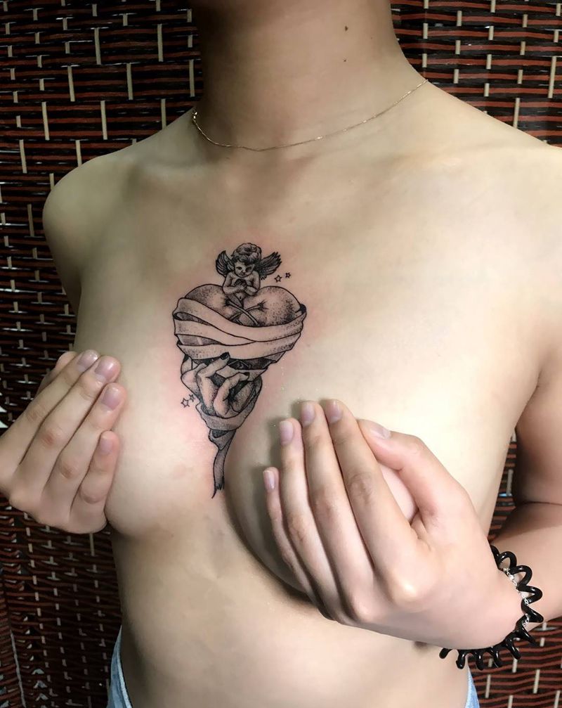 女生前胸点刺天使爱心纹身图片_成品手稿插画胸部欧美写实清新贴纸几何原创纹身图案
