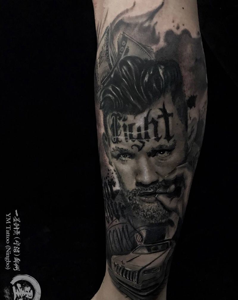 嘴炮 麦格雷戈纹身图片_成品腿部欧美人物纹身图案