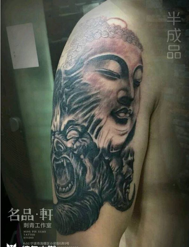 佛魔一念间纹身图片_手臂写实人物鬼神宗教成品纹身图案