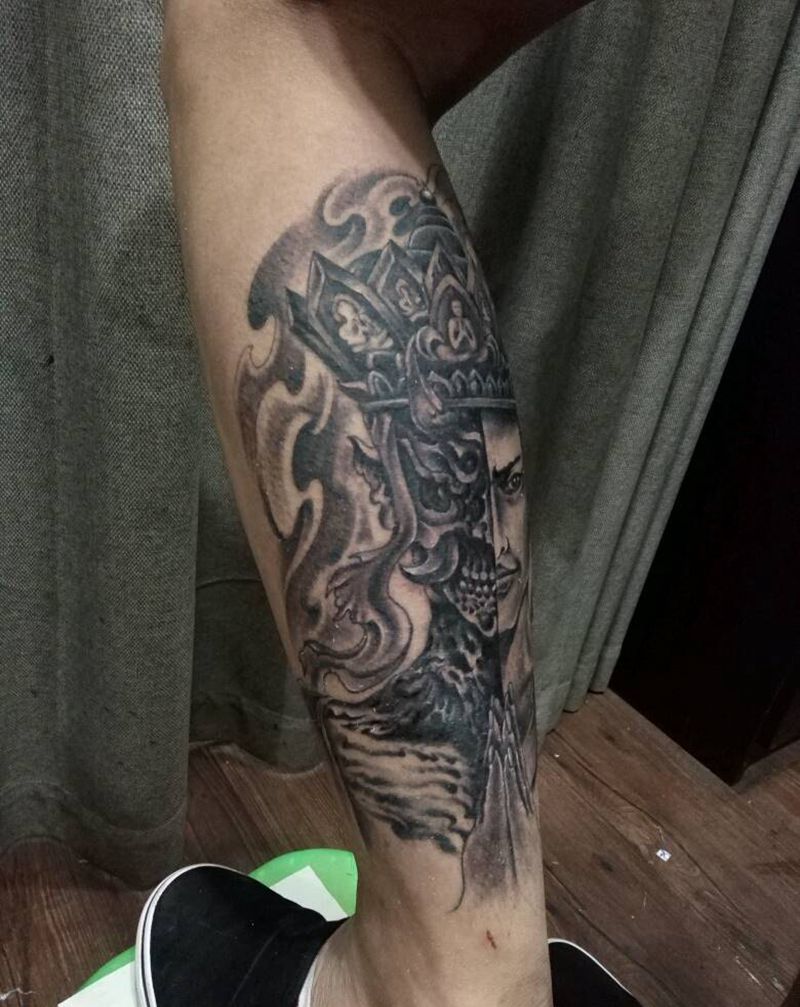 半面佛纹身图片_腿部传统肖像人物鬼神宗教成品纹身图案