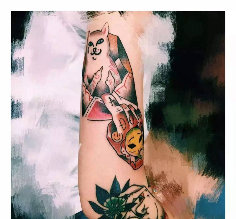 old school拼接花臂纹身纹身图片_手稿插画成品手部手臂欧美写实清新静物原创纹身图案