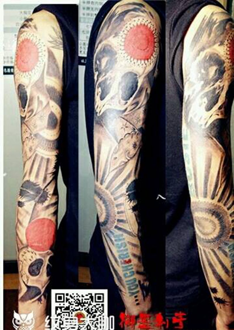 花臂纹身图片_手臂传统国画几何鬼神宗教成品纹身图案