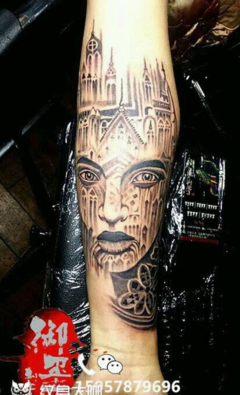 城堡女孩纹身图片_手臂欧美习俗人物成品纹身图案