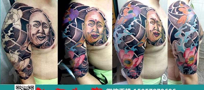 半甲弥勒荷花纹身图片_成品腰部肩部手臂传统宗教植物纹身图案