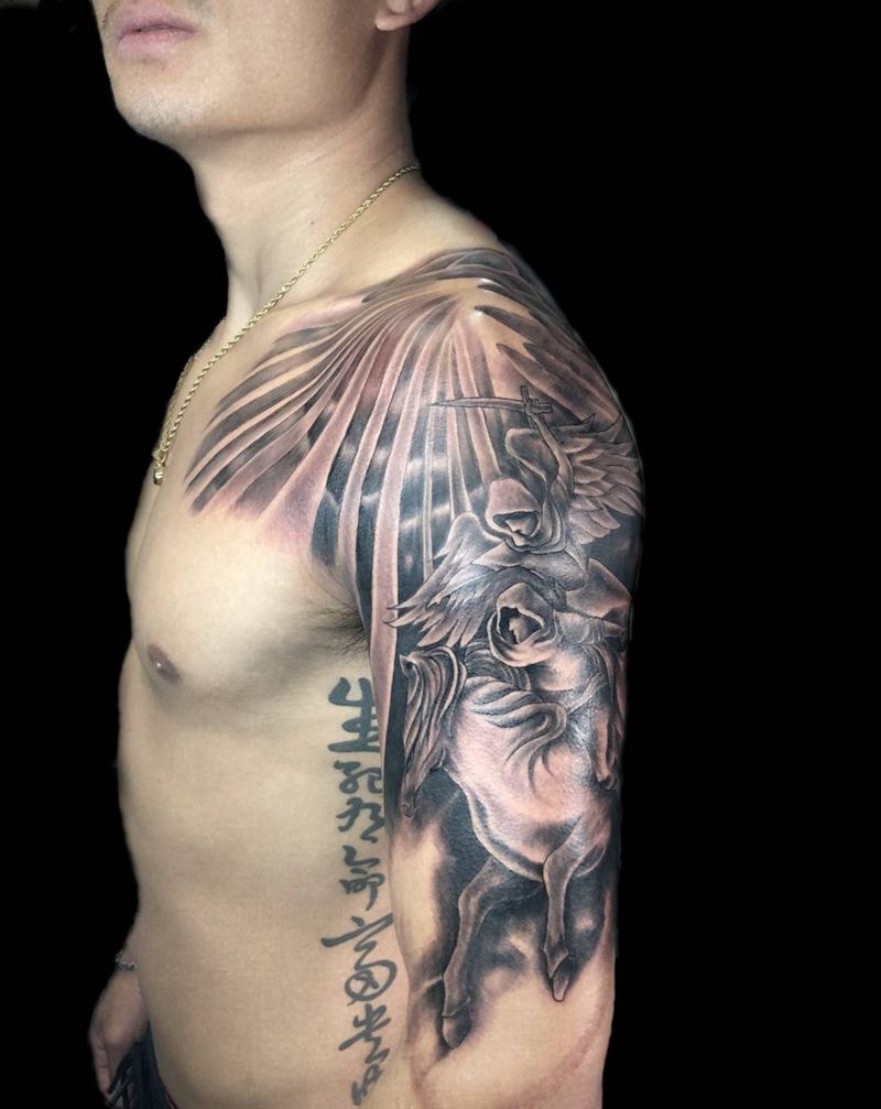 欧美花臂半甲上半部分纹身图片_手稿成品胸部肩部手臂欧美写实鬼神原创宗教纹身图案