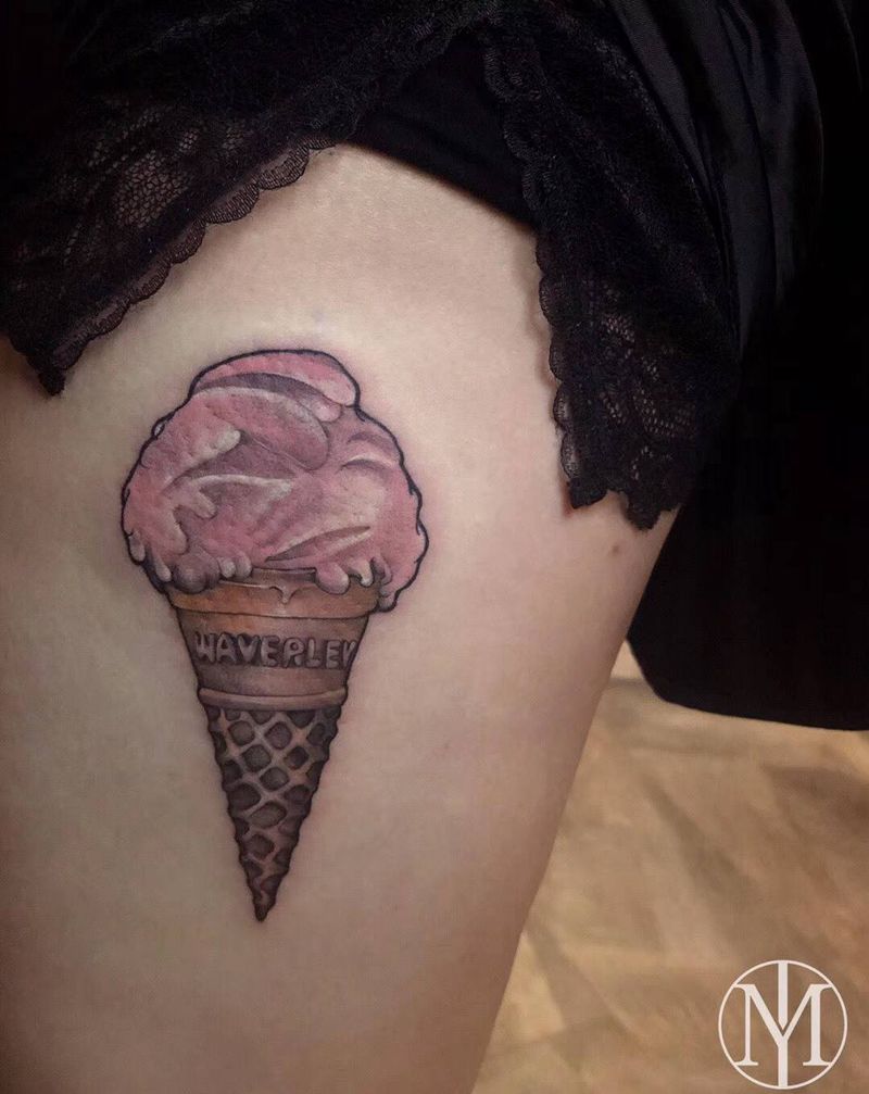 冰激淋纹身图片_腿部水彩New School冰激淋纹身图案