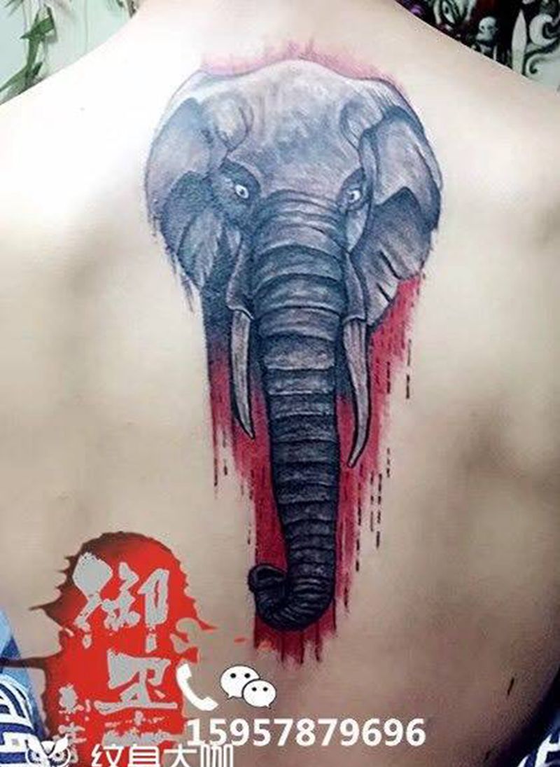 象头纹身图片_成品背部传统写实动物纹身图案