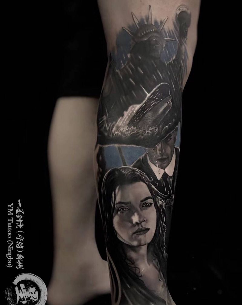 泰坦尼克号主题纹身图片_成品腿部欧美纹身图案