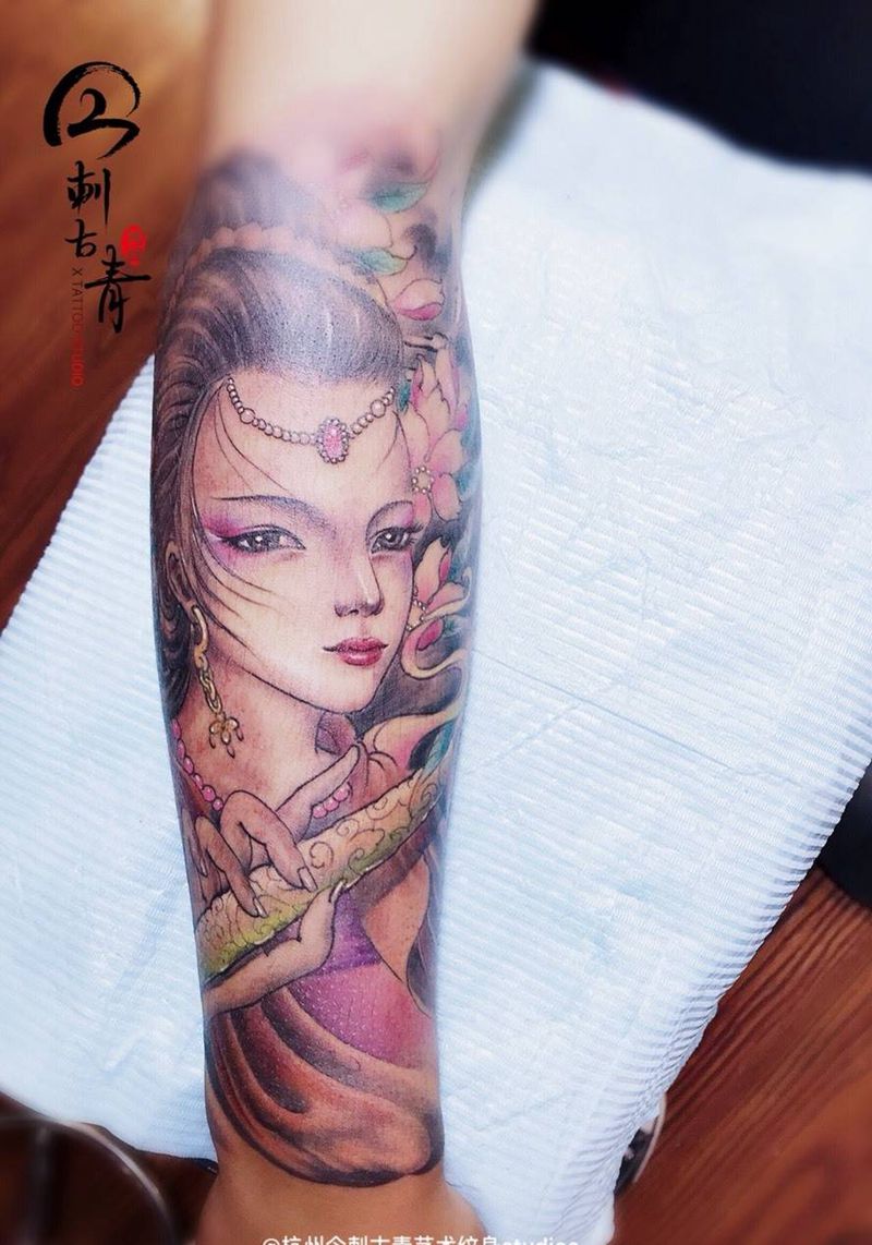 艺妓纹身图片_清新传统肖像鬼神人物手臂美女艺妓花臂女神纹身图案