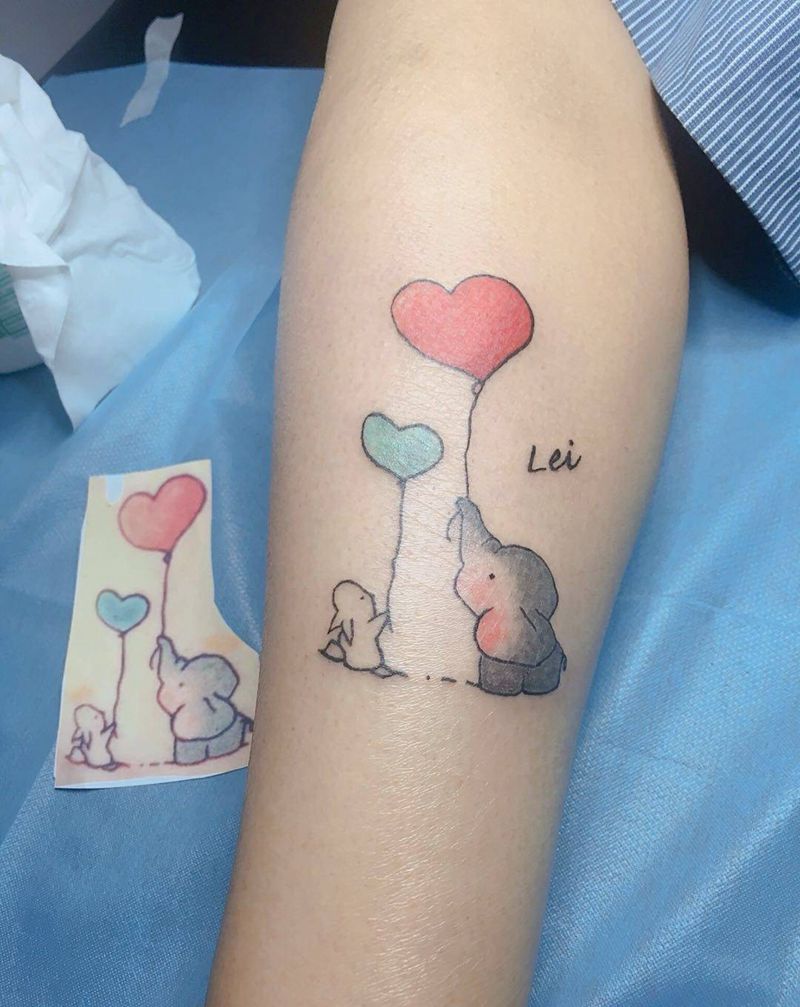 小象和小兔子纹身图片_脚部水彩纹身图案