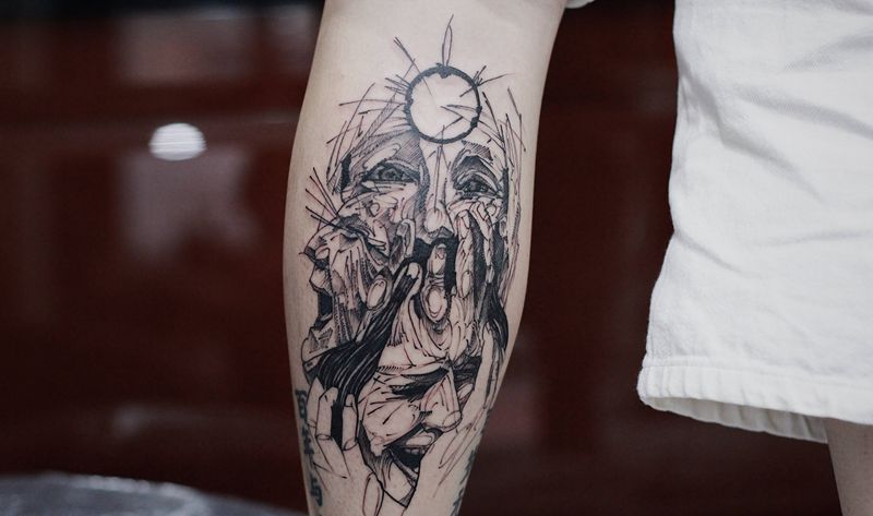 痛苦纹身图片_腿部点刺纹身图案