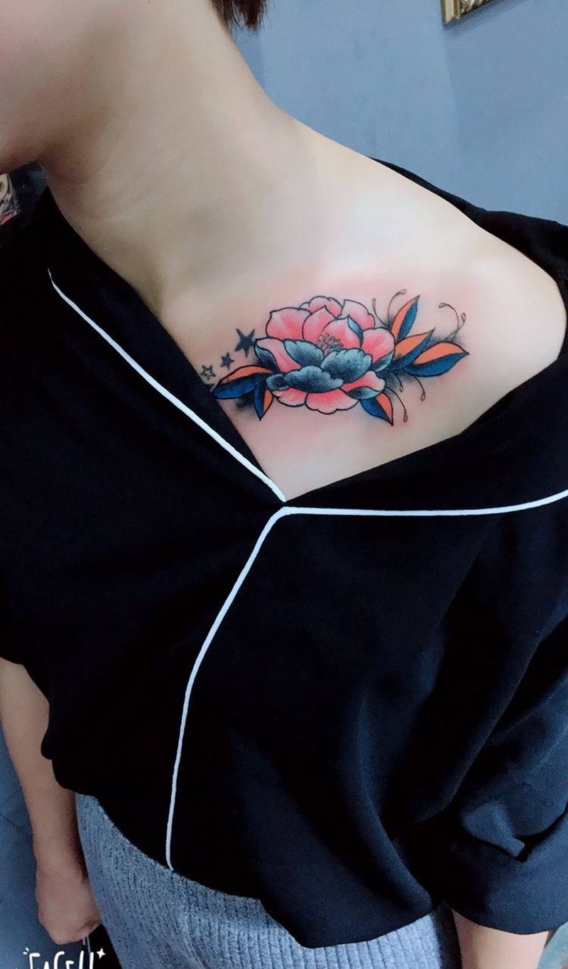 遮盖作品纹身图片_手稿胸部清新植物纹身图案