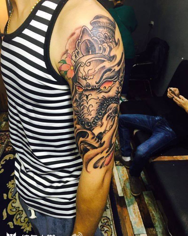 大臂招财象神纹身纹身图片_成品手臂传统动物纹身图案