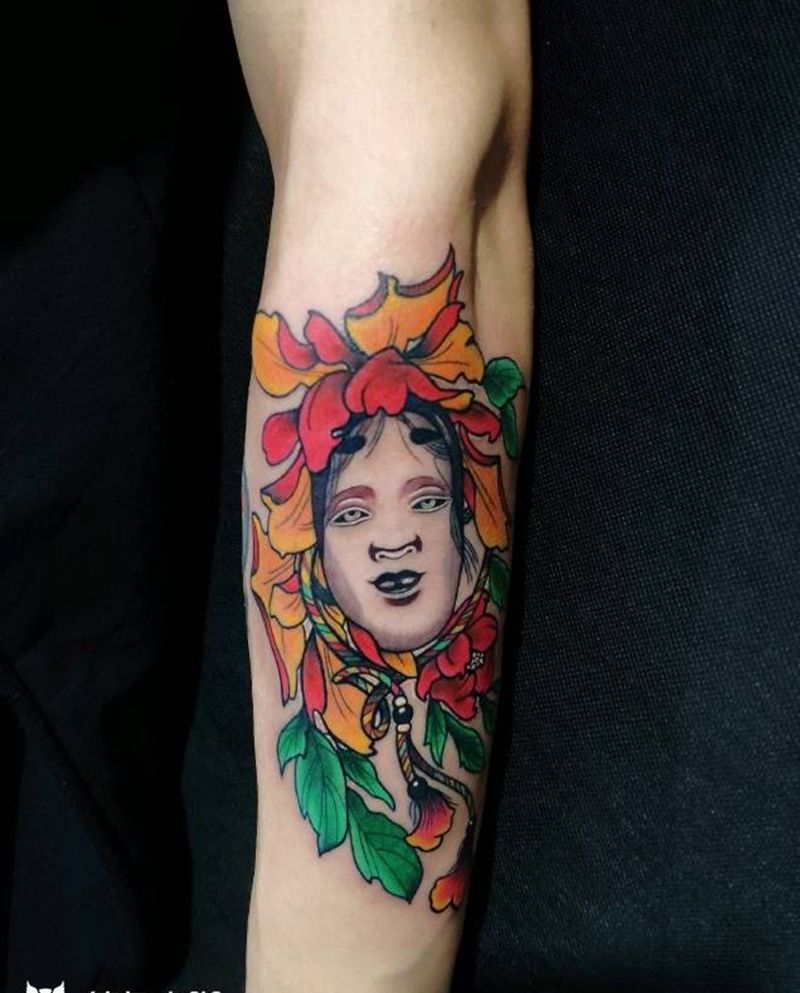 曰式面具纹身图片_手部手臂老传统面具纹身图案