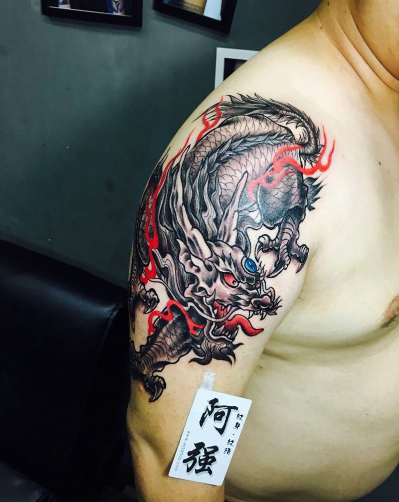 手臂麒麟纹身纹身图片_传统手臂成品温州纹身图案