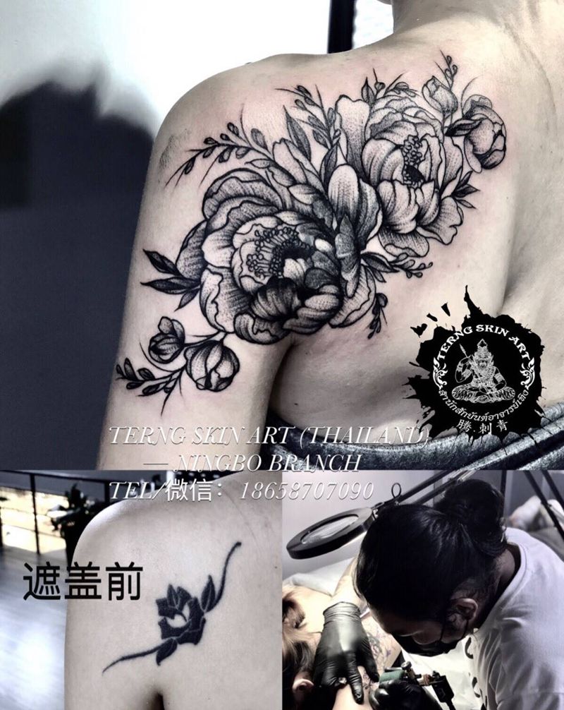 花朵遮盖旧纹身纹身图片_肩部手臂遮盖花纹身图案