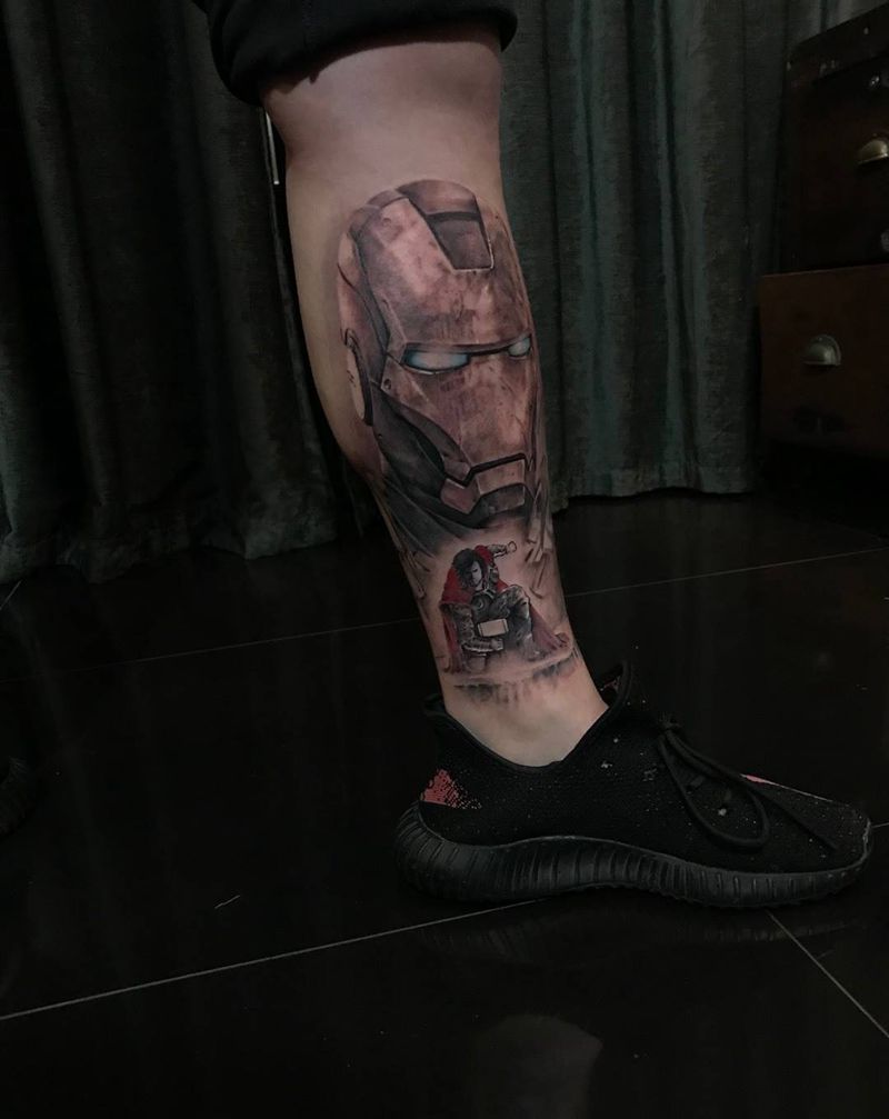 钢铁侠纹身图片_人物写实欧美腿部成品肖像纹身图案