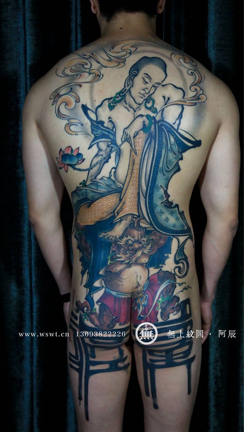 渡江罗汉纹身图片_成品背部国画人物鬼神宗教原创臀部手稿纹身图案