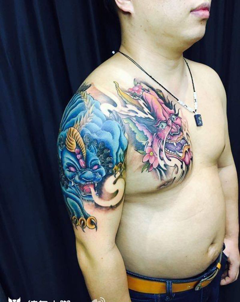 半甲象神般若纹身纹身图片_成品肩部胸部传统鬼神纹身图案