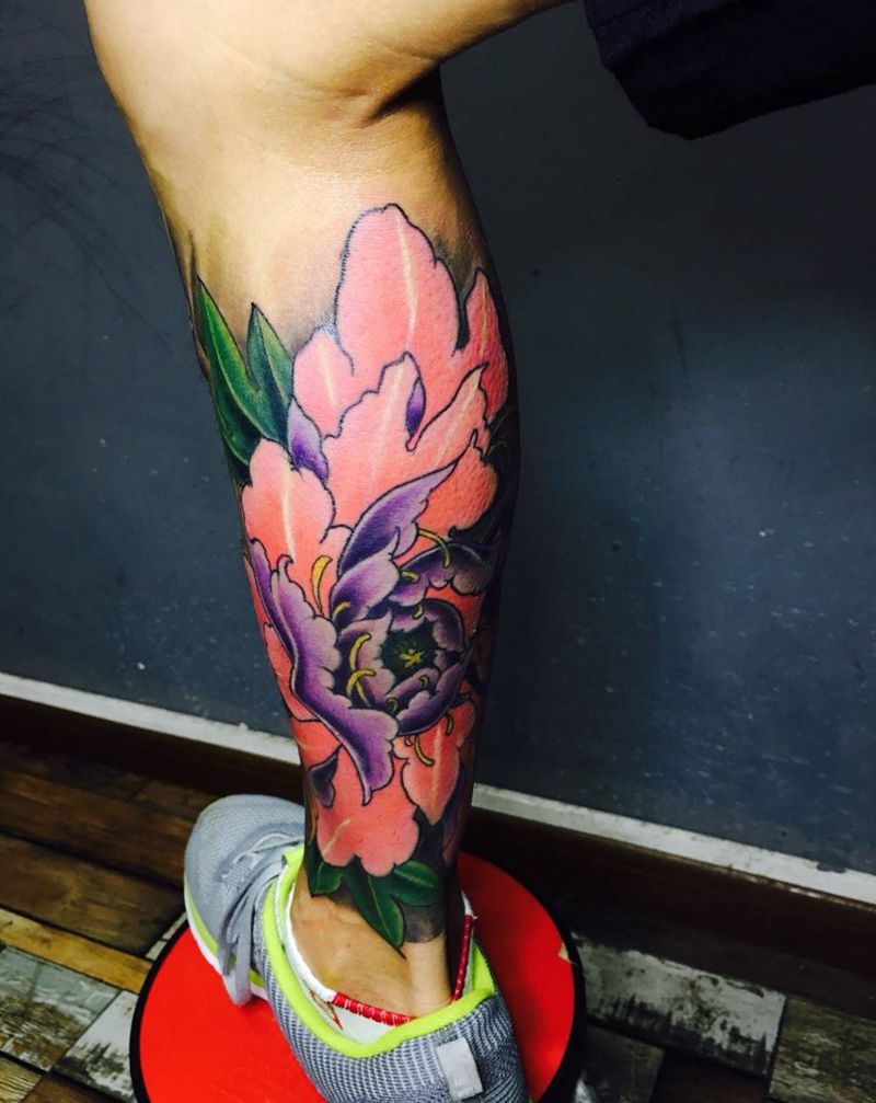 传统彩色鲤鱼包小腿纹身图片_成品腿部传统动物植物原创纹身图案