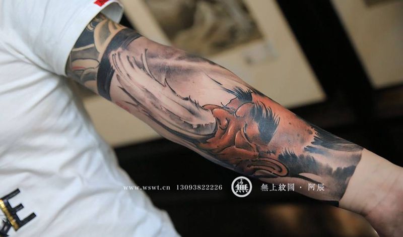 冉纹身图片_传统国画人物手臂成品纹身图案