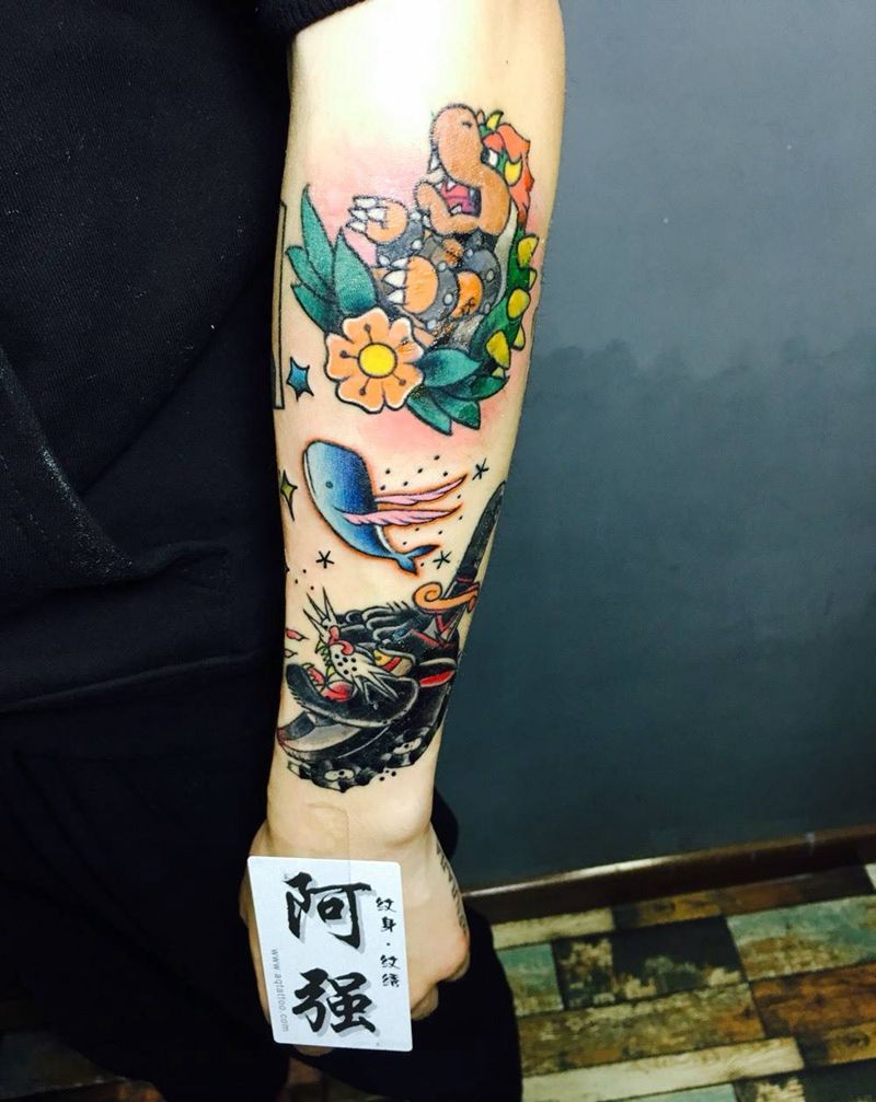 拼接小花臂纹身图片