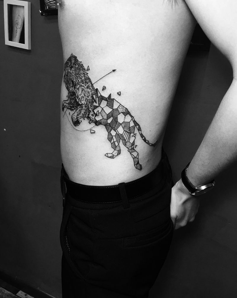 几何线条狮子纹身图片